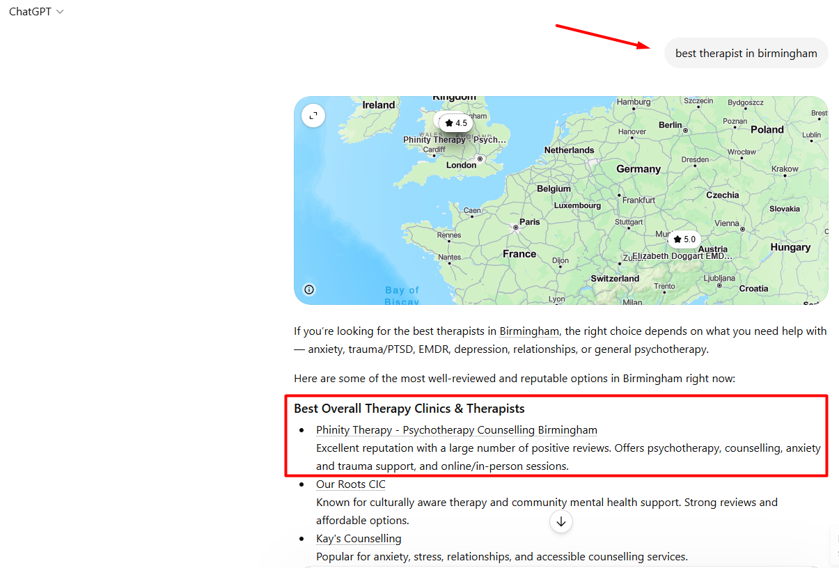 Real ChatGPT results showing keyword strategy targeting for best therapist in Birmingham