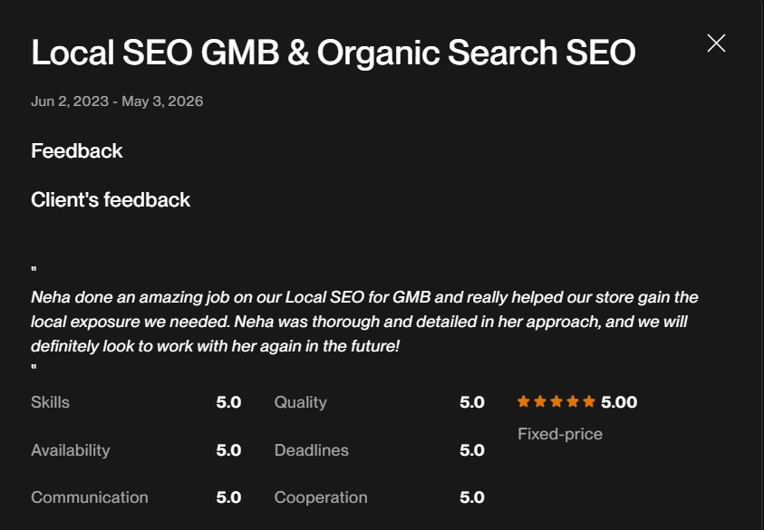 Upwork 5-star review — Local SEO GMB 3-year engagement, all categories 5.0