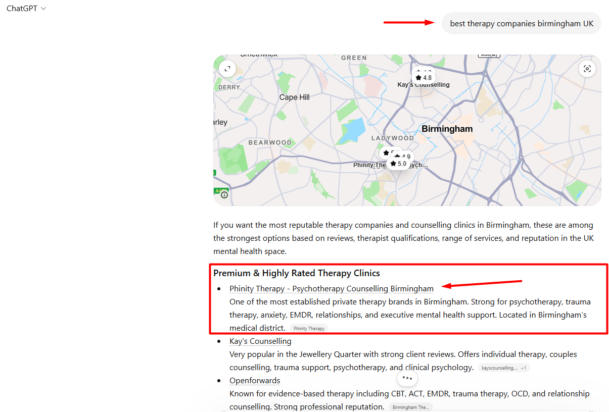 ChatGPT recommending Phinity Therapy as a premium highly-rated therapy clinic in Birmingham