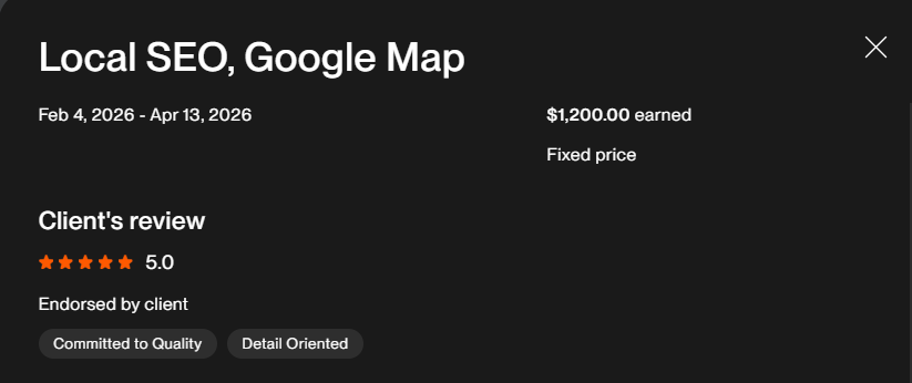 Upwork 5-star review — Local SEO Google Map, committed to quality