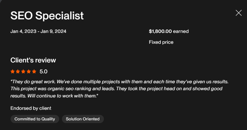 Upwork 5-star review — SEO Specialist, multiple projects, results delivered