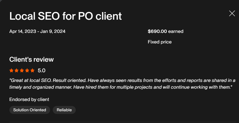 Upwork 5-star review — Local SEO, result oriented, reliable